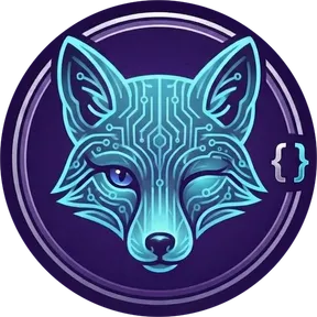 The AirynDev mascot — a fox drawn in cyan circuitry on a purple badge, beside a pair of code braces